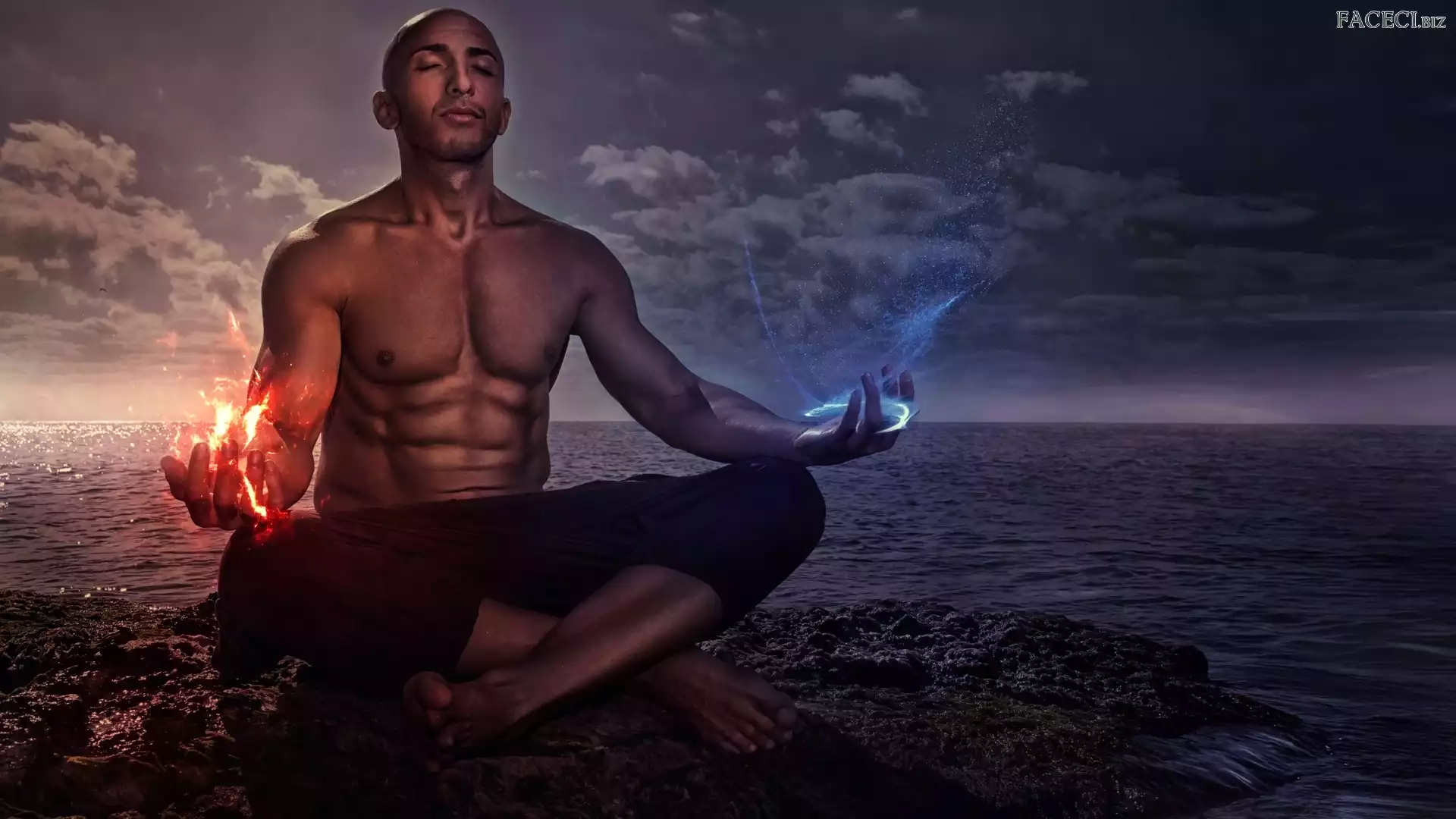 Ogień, Woda, Medytacja, Mężczyzna, Morze